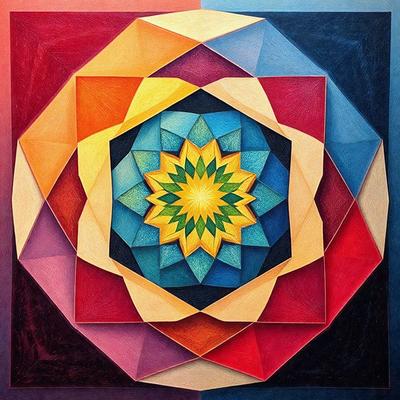 The primary subject of the image is a colorful, geometric artwork featuring a yellow sun in the center. The artwork is set against a blue background, giving it a vibrant and lively appearance. The visual style of the image is a combination of digital art and illustration, creating a unique and eye-catching design. The dominant colors in the artwork are yellow, blue, and red, which contribute to a warm and inviting atmosphere.